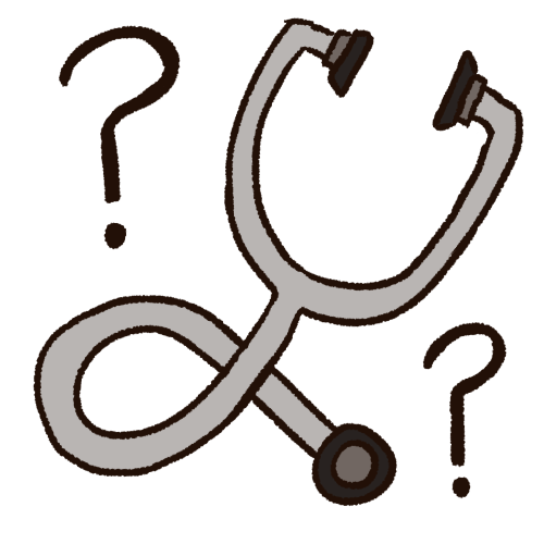 A drawing of a stethoscope. Next to it are two black question marks.